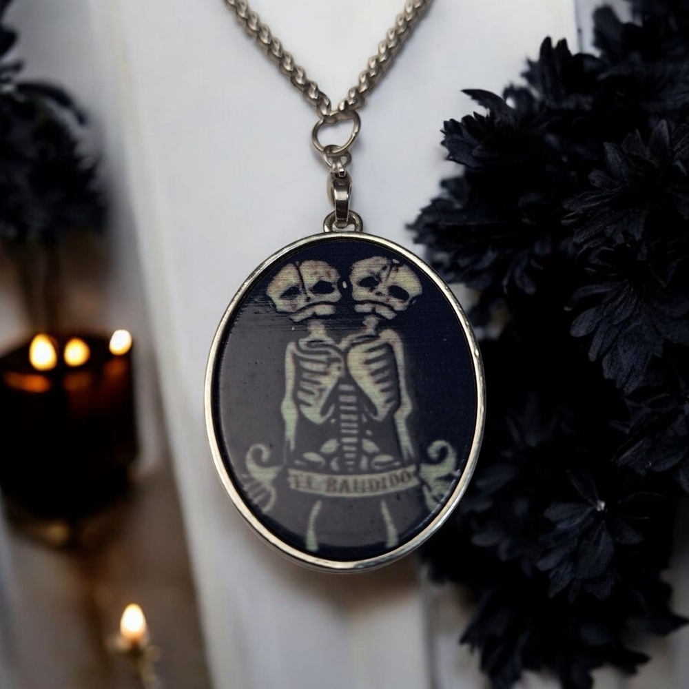 Conjoined Twins Necklace Pendant 30" Silvertone Chain Gothic Dark Humor Skeleton